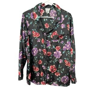 Secret Treasures Medium Black Floral Pajama Top Long‎ Sleeve Satin Button Down